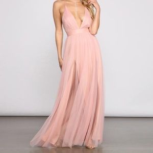 Mauve pleated tulle formal dress
